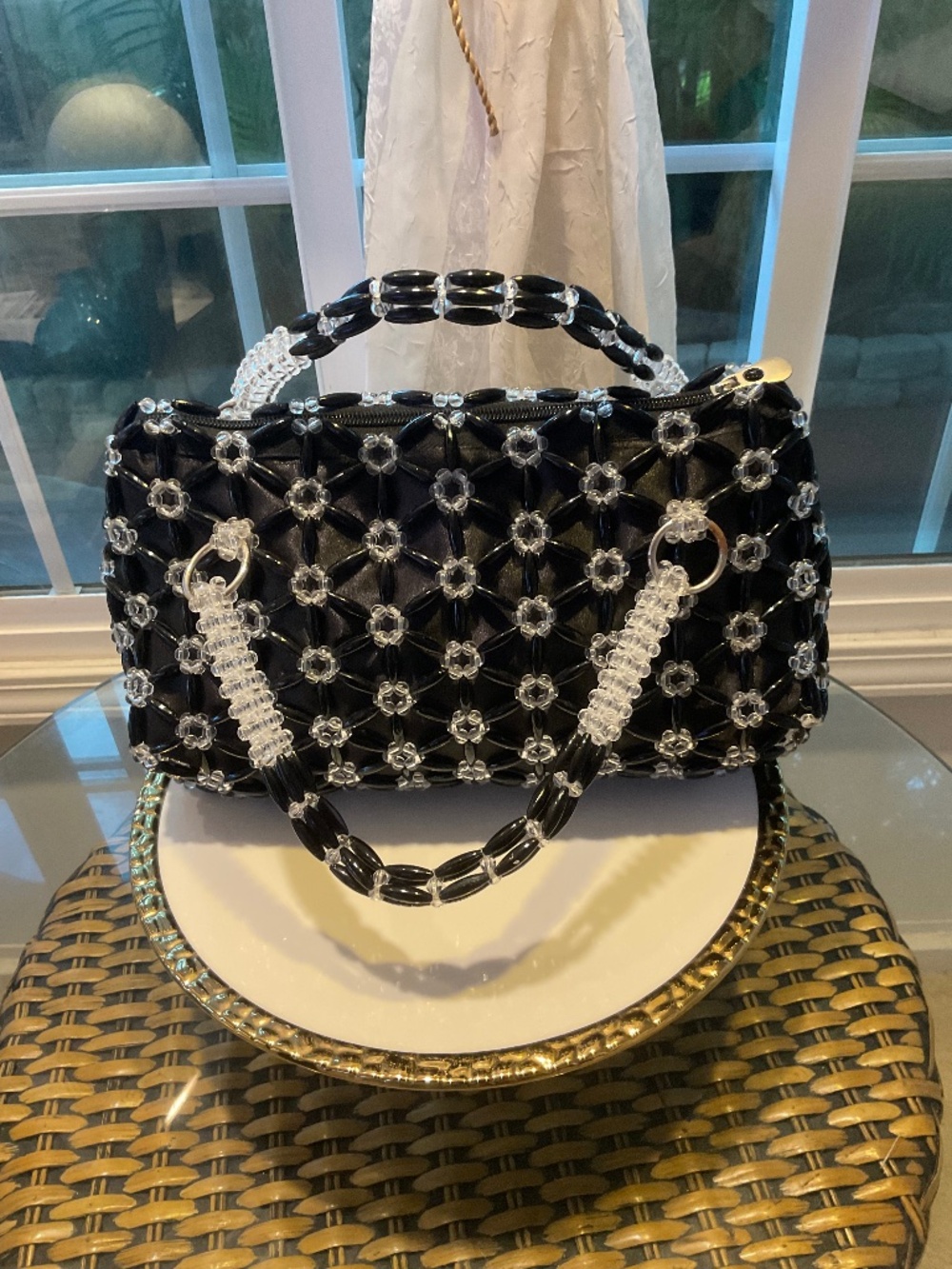 Lovely Hand Beaded Black & White/Clear Bag NWOT